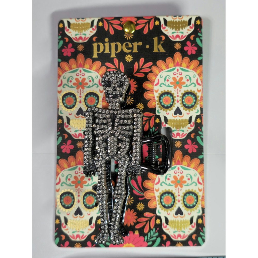 Piper K Rhinestone Skeleton Hair Claw Clip Black Silver Halloween Goth Bling